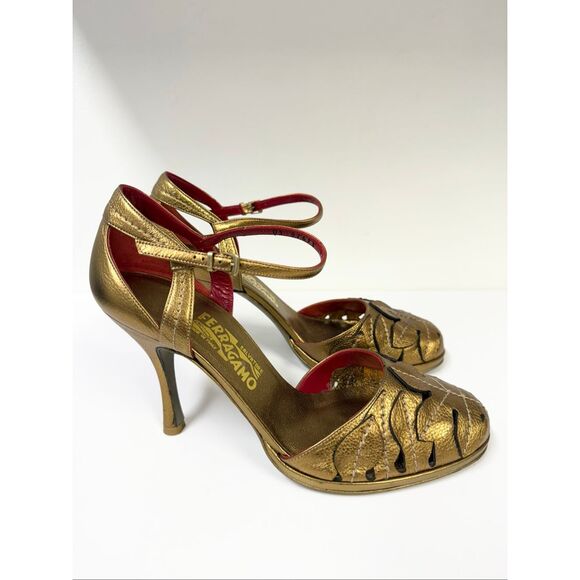 Salvatore Ferragamo 97673 Y55 Metallic Gold Leaf Cut Ankle Strap Heels 10 New - Picture 2 of 9
